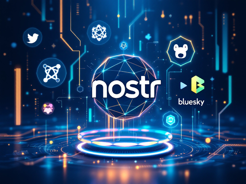 Futuristic illustration of decentralized social media featuring Nostr