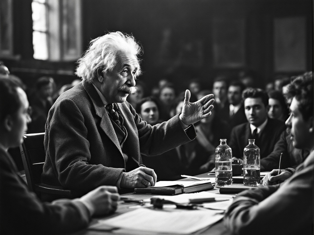 Einstein lecturing at a university