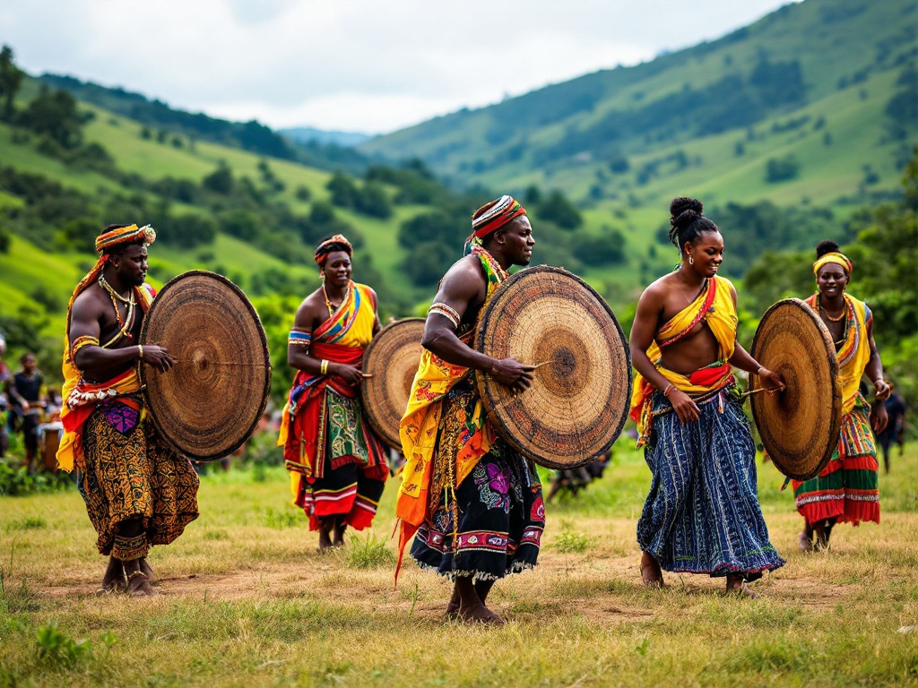 Traditional Rwandan Intore dancers with Ikinyemera shields and drummers